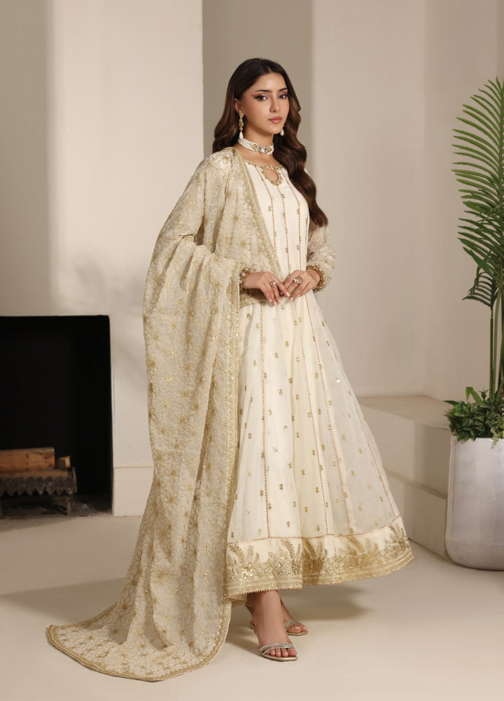 Unss Apparel Women RTW Embroidered Chiffon 3 Piece Suit Noor Off White Festive Collection