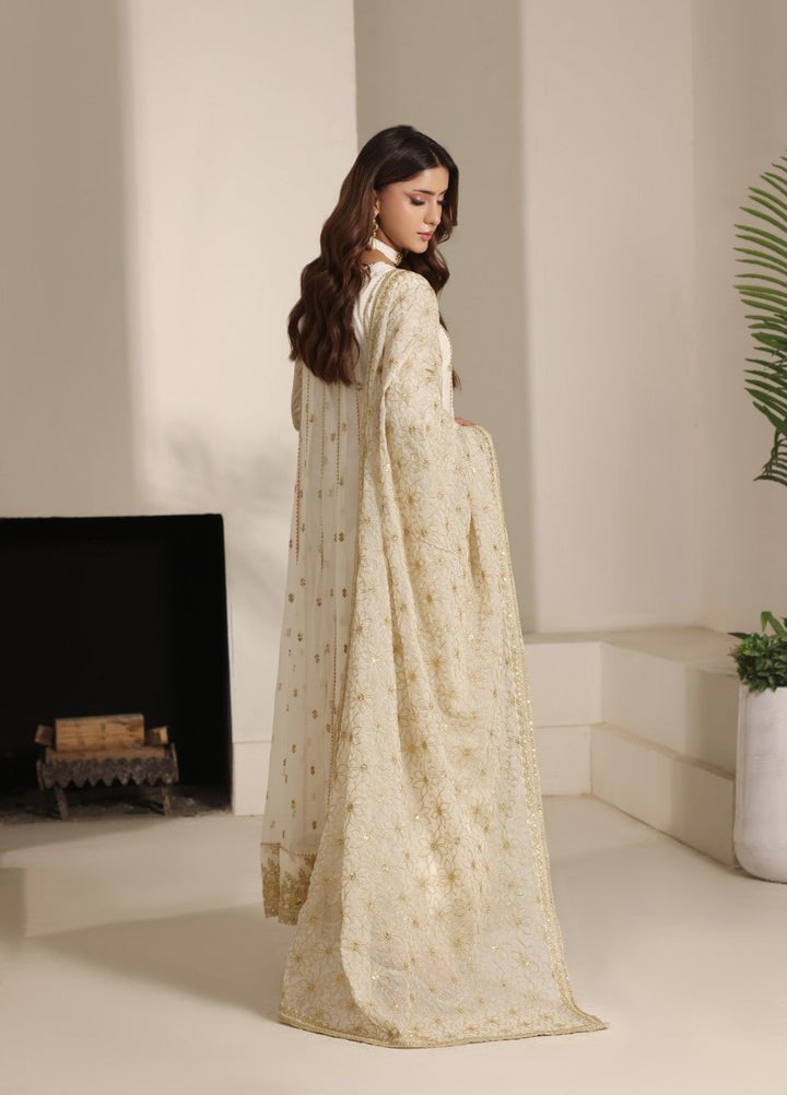 Unss Apparel Women RTW Embroidered Chiffon 3 Piece Suit Noor Off White Festive Collection