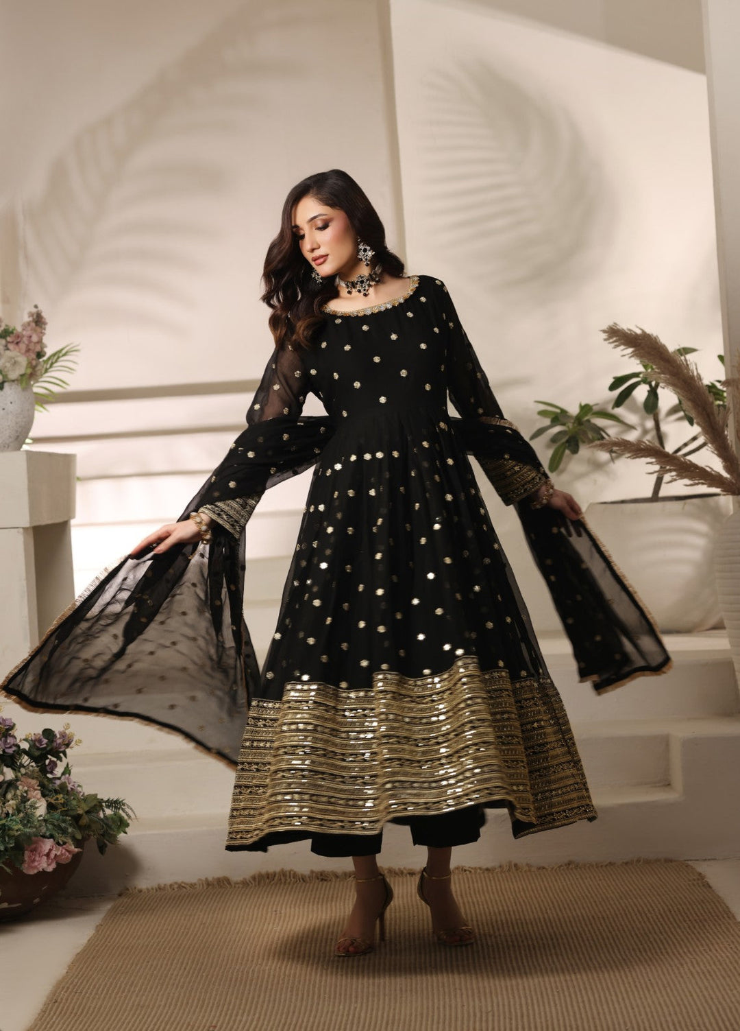 Unss Apparel Women RTW Embroidered Chiffon 3 Piece Suit Mayal Black Festive Collection