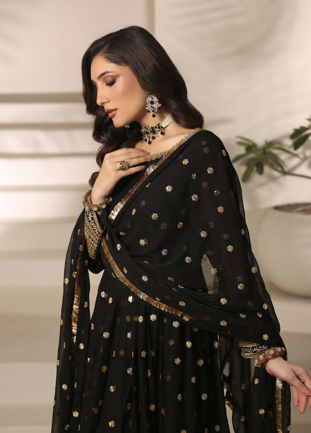 Unss Apparel Women RTW Embroidered Chiffon 3 Piece Suit Mayal Black Festive Collection