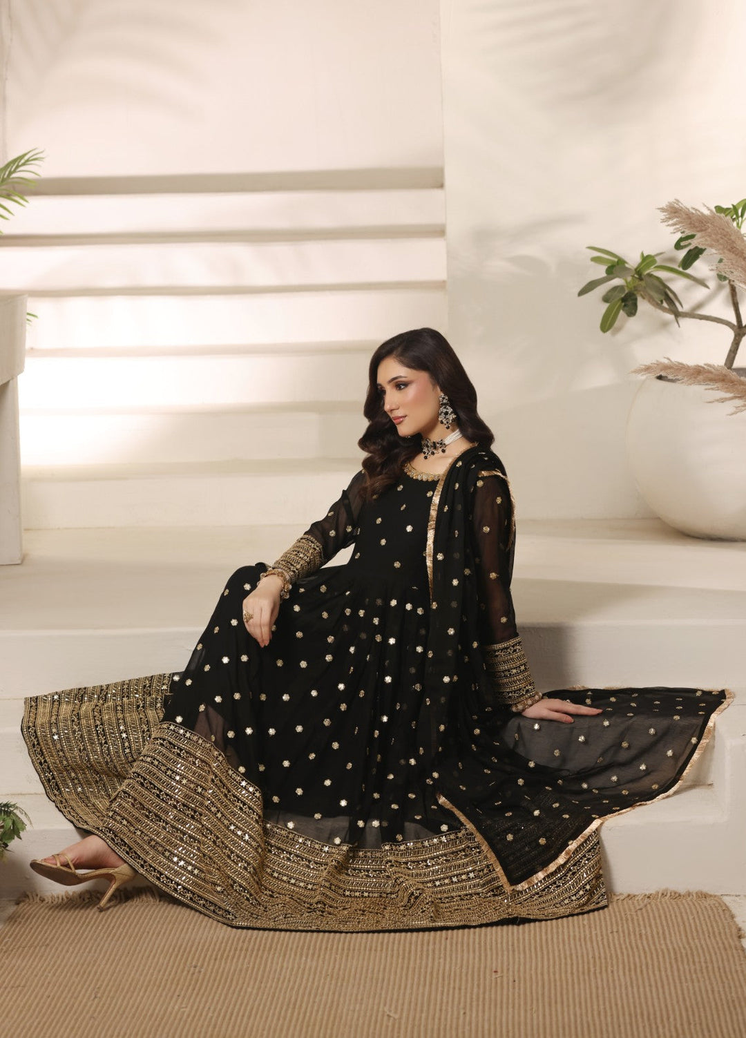 Unss Apparel Women RTW Embroidered Chiffon 3 Piece Suit Mayal Black Festive Collection