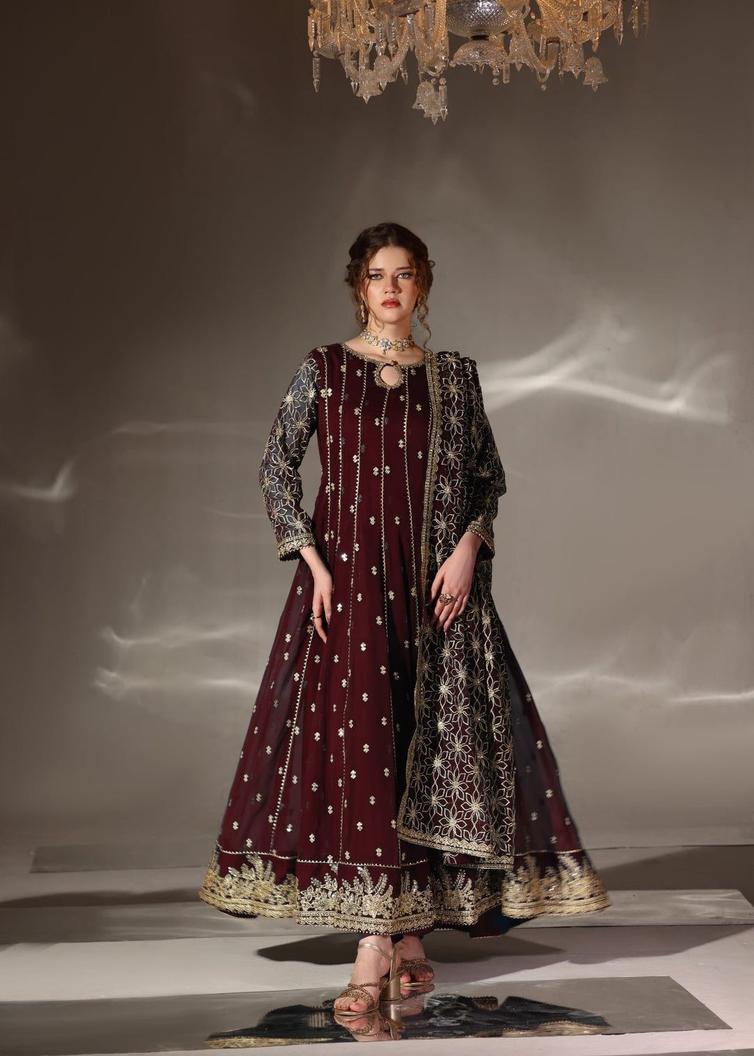 Unss Apparel Women RTW Embroidered Chiffon 3 Piece Suit Noor Maroon Festive Collection