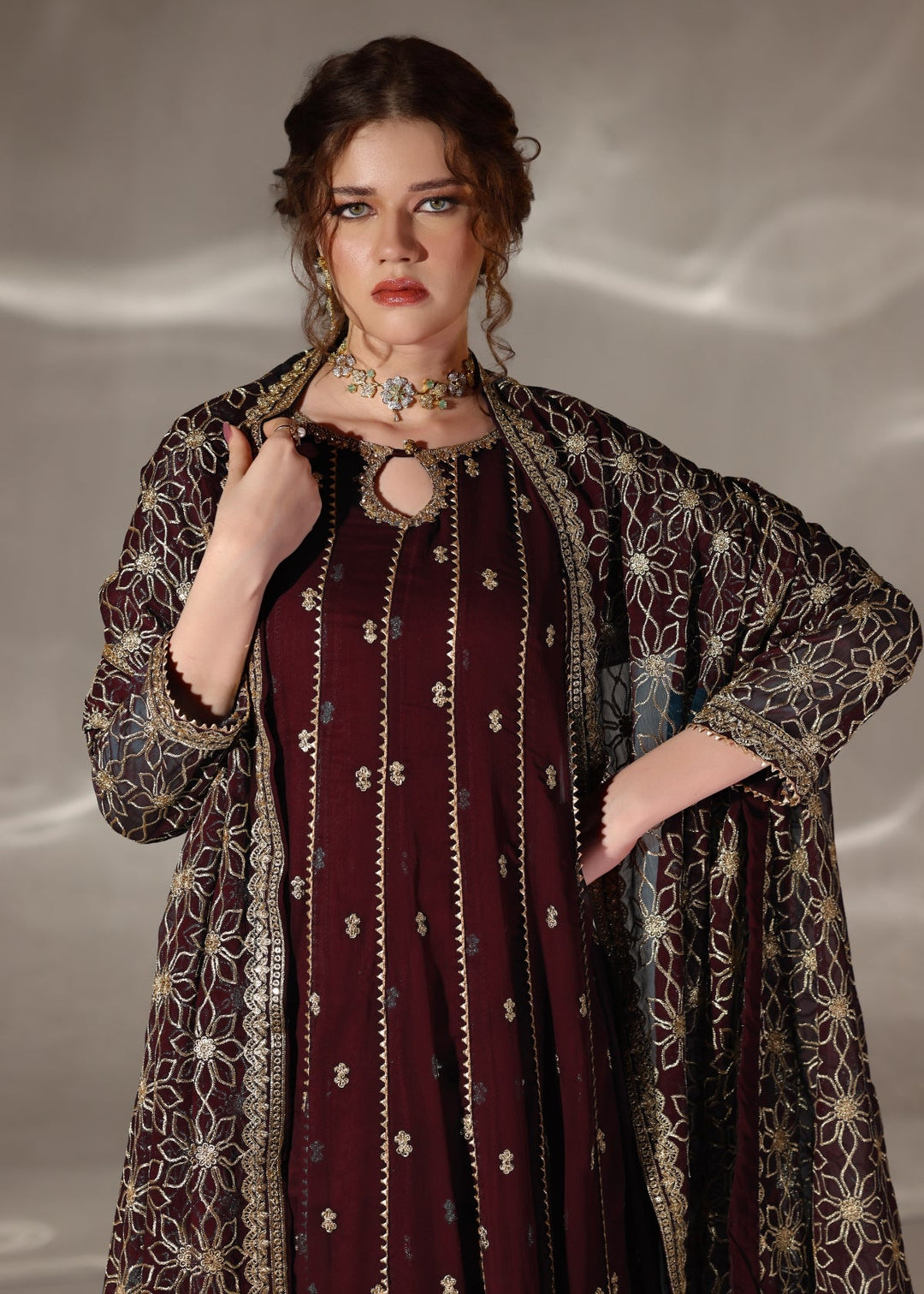 Unss Apparel Women RTW Embroidered Chiffon 3 Piece Suit Noor Maroon Festive Collection
