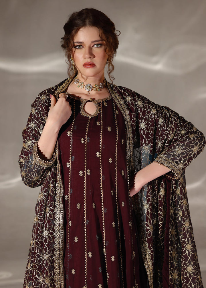 Unss Apparel Women RTW Embroidered Chiffon 3 Piece Suit Noor Maroon Festive Collection
