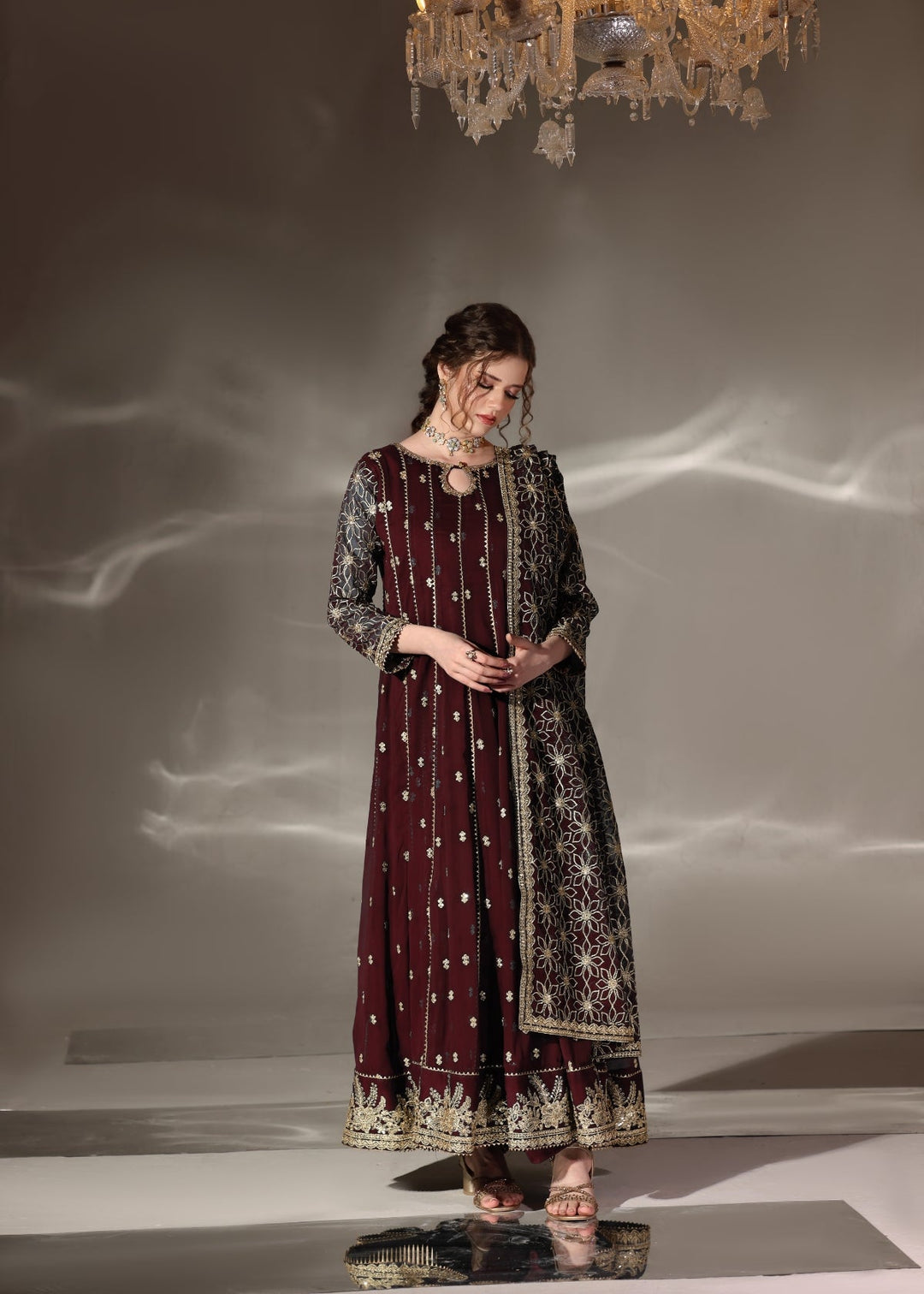 Unss Apparel Women RTW Embroidered Chiffon 3 Piece Suit Noor Maroon Festive Collection