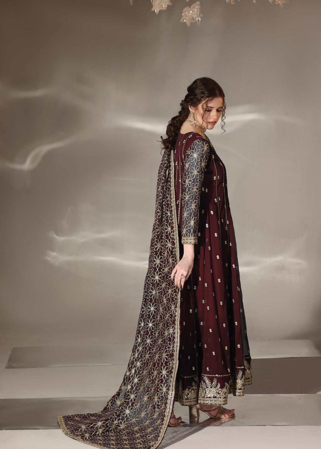 Unss Apparel Women RTW Embroidered Chiffon 3 Piece Suit Noor Maroon Festive Collection