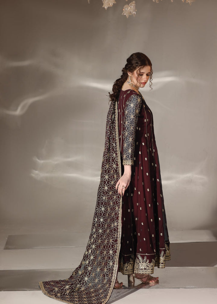 Unss Apparel Women RTW Embroidered Chiffon 3 Piece Suit Noor Maroon Festive Collection