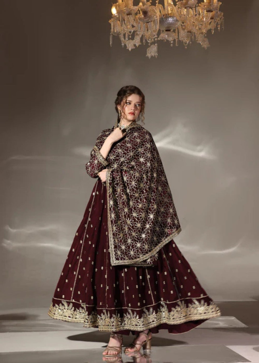 Unss Apparel Women RTW Embroidered Chiffon 3 Piece Suit Noor Maroon Festive Collection