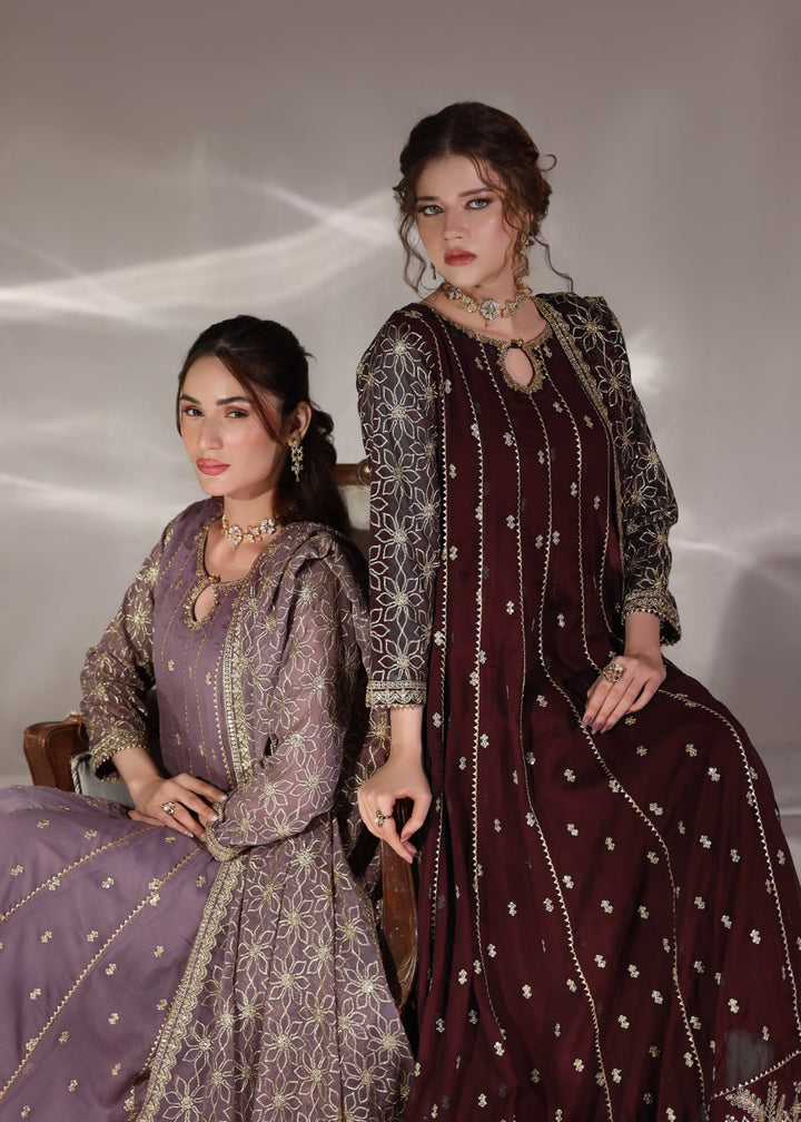Unss Apparel Women RTW Embroidered Chiffon 3 Piece Suit Noor Maroon Festive Collection