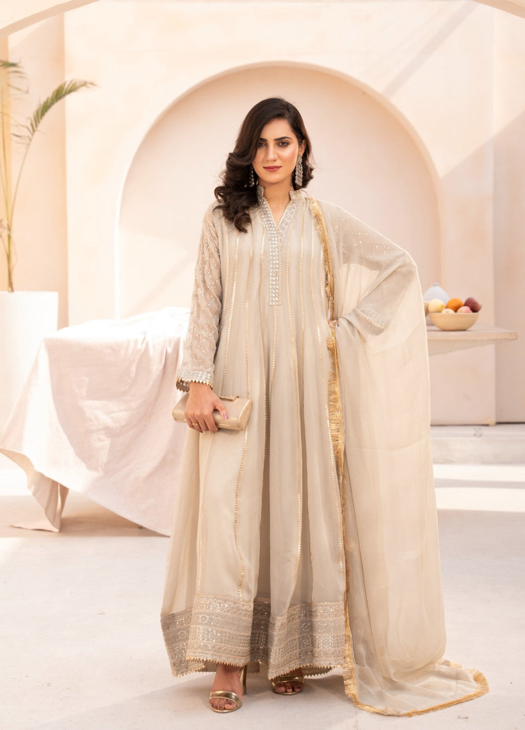 Kashish by HEM Women RTW Embroidered Chiffon 3 Piece Suit Beige Festive Collection