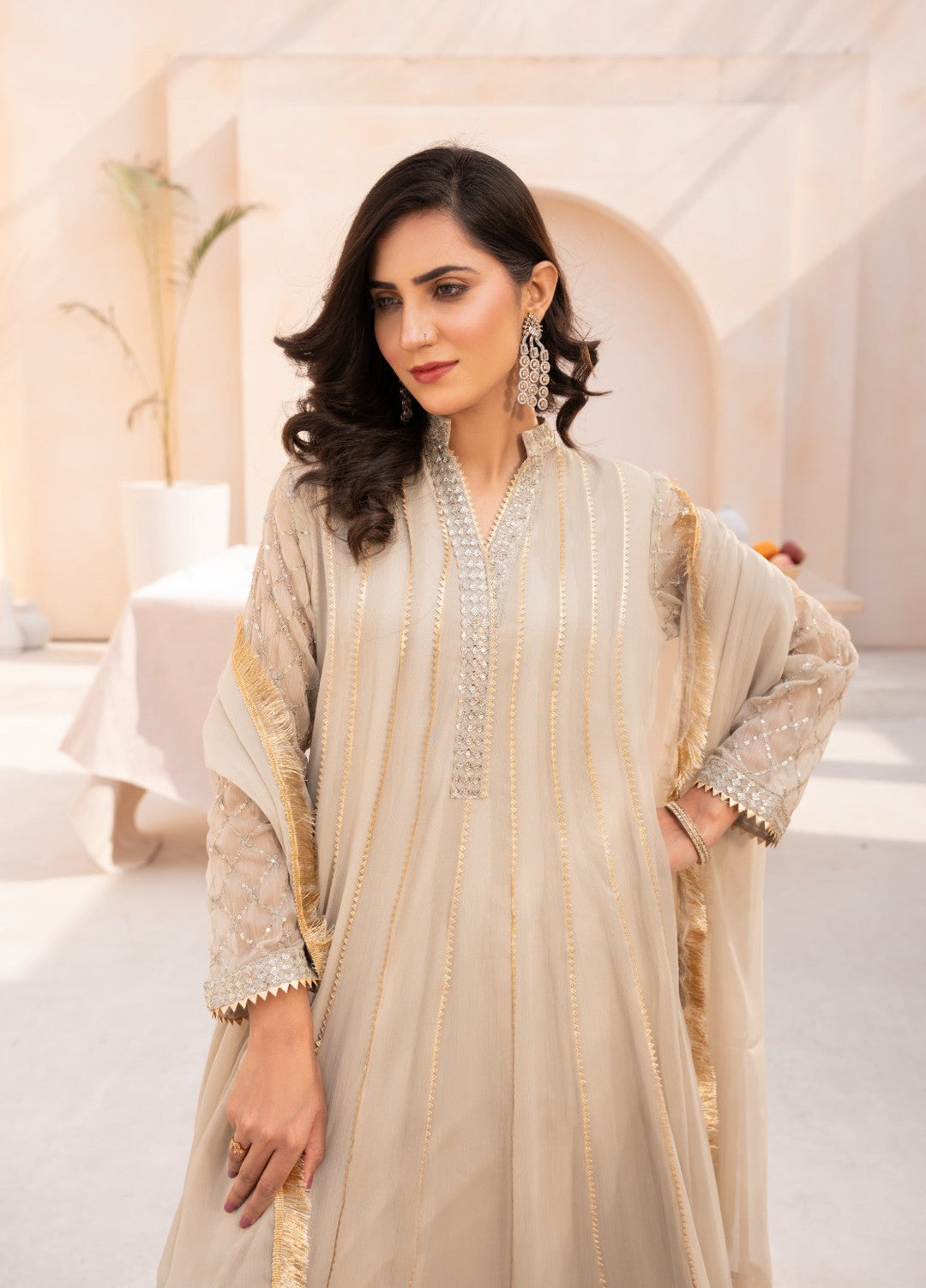 Kashish by HEM Women RTW Embroidered Chiffon 3 Piece Suit Beige Festive Collection