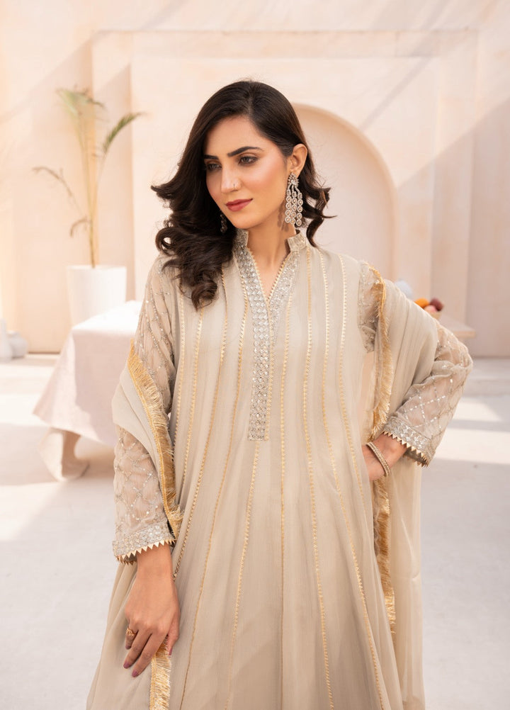 Kashish by HEM Women RTW Embroidered Chiffon 3 Piece Suit Beige Festive Collection