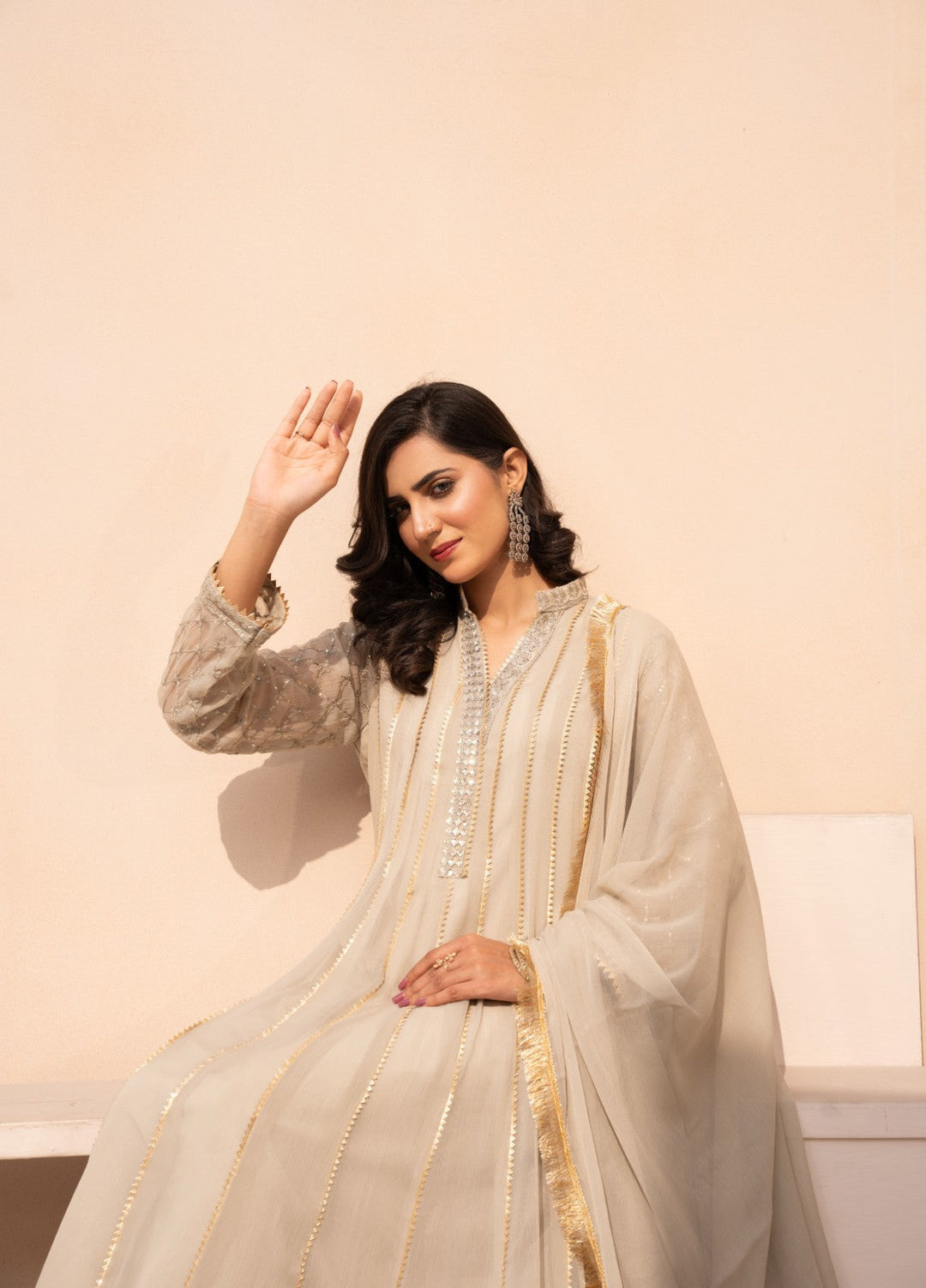 Kashish by HEM Women RTW Embroidered Chiffon 3 Piece Suit Beige Festive Collection