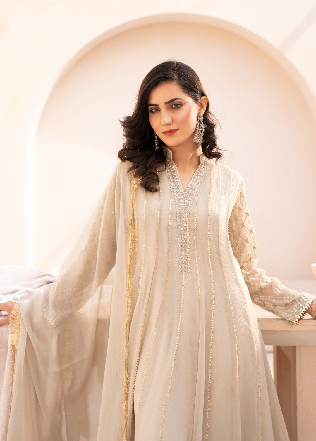 Kashish by HEM Women RTW Embroidered Chiffon 3 Piece Suit Beige Festive Collection