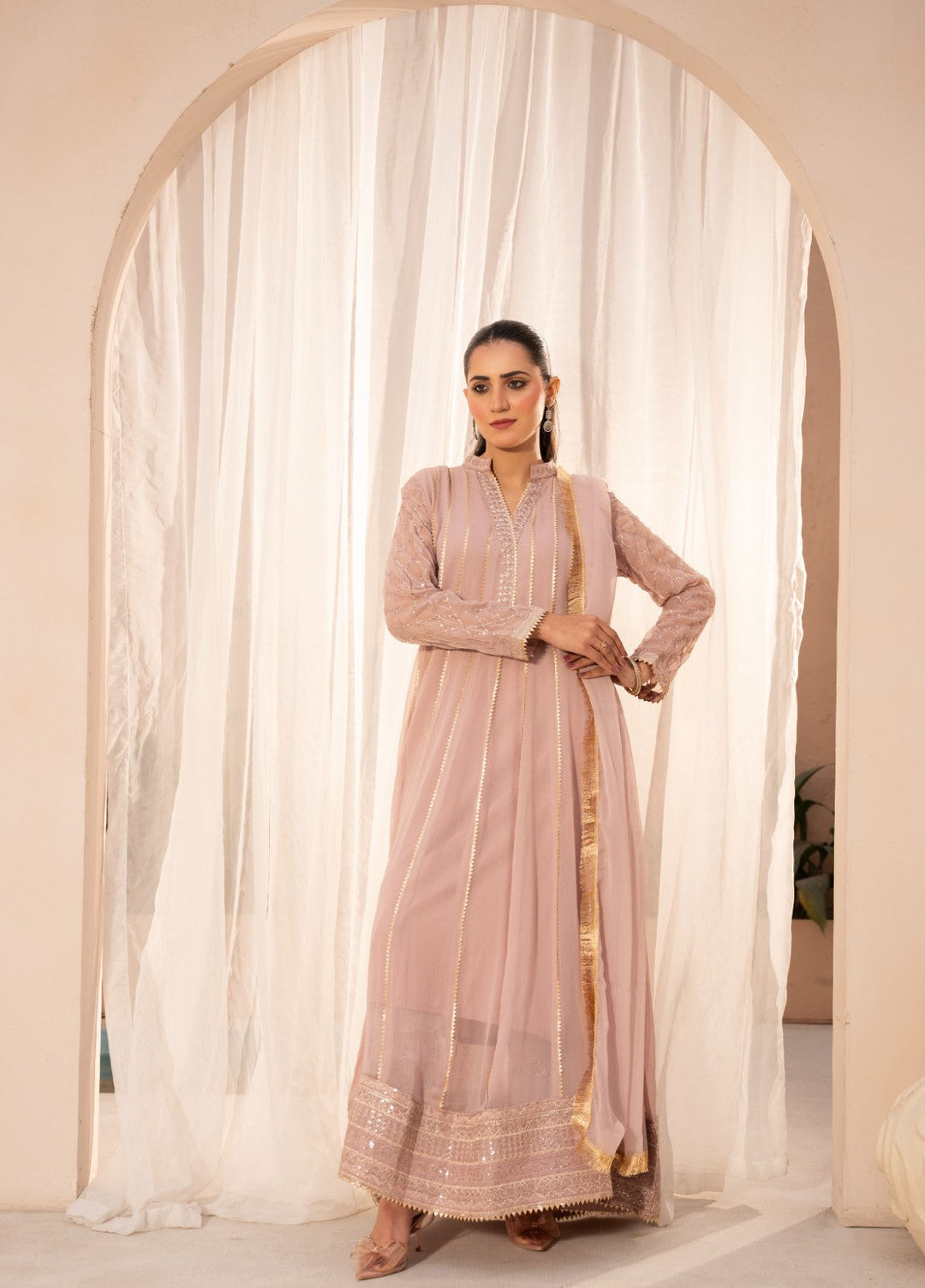 Kashish by HEM Women RTW Embroidered Chiffon 3 Piece Suit Baby Pink Festive Collection