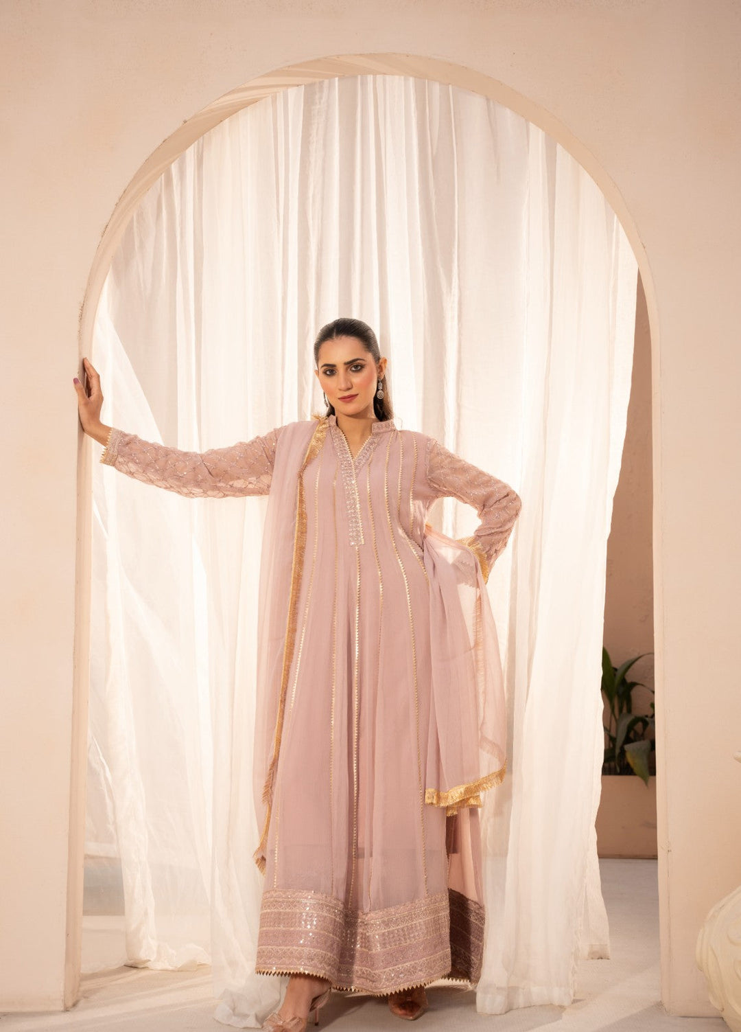 Kashish by HEM Women RTW Embroidered Chiffon 3 Piece Suit Baby Pink Festive Collection