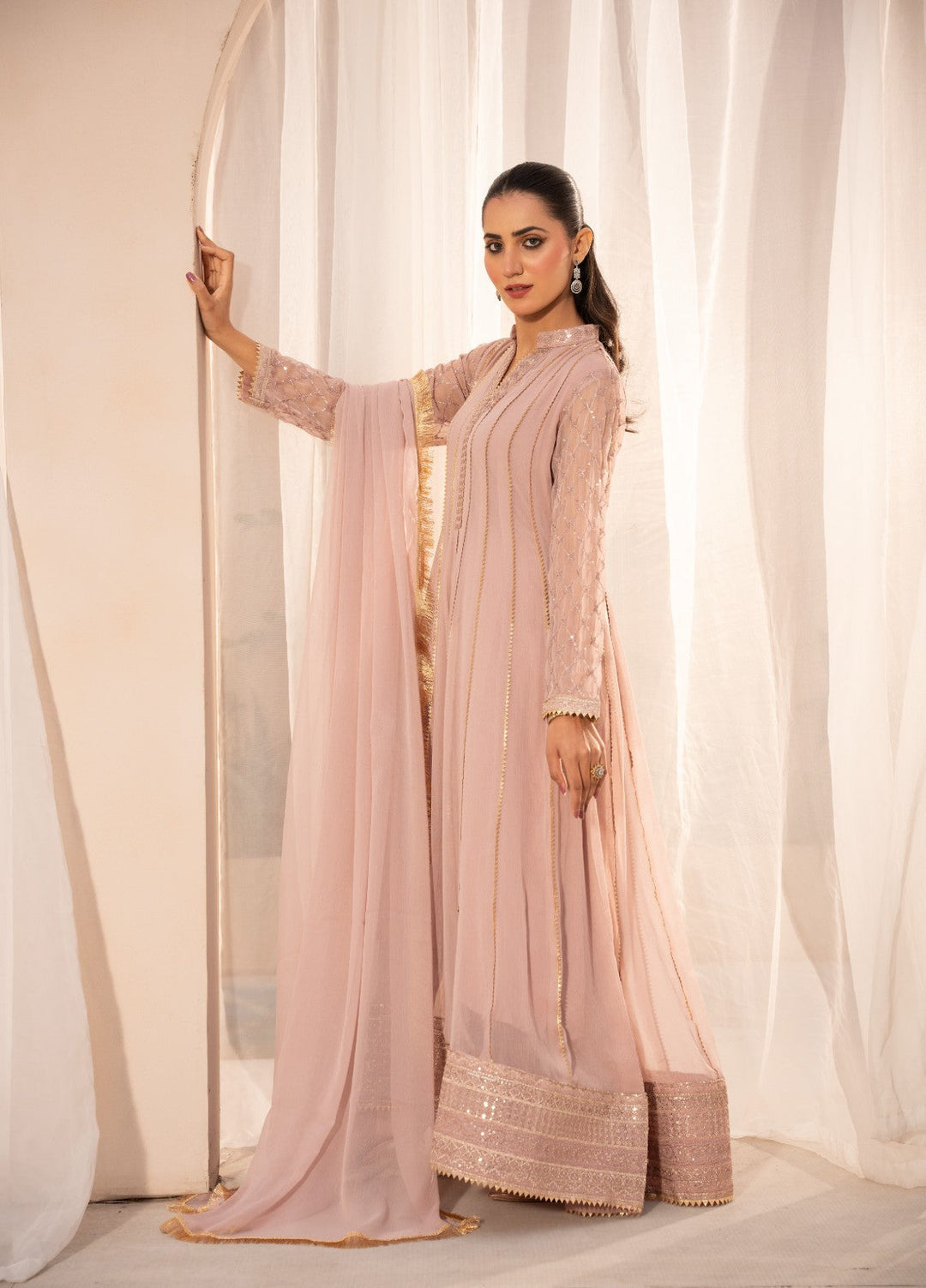 Kashish by HEM Women RTW Embroidered Chiffon 3 Piece Suit Baby Pink Festive Collection