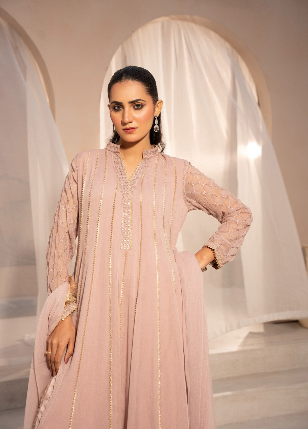 Kashish by HEM Women RTW Embroidered Chiffon 3 Piece Suit Baby Pink Festive Collection