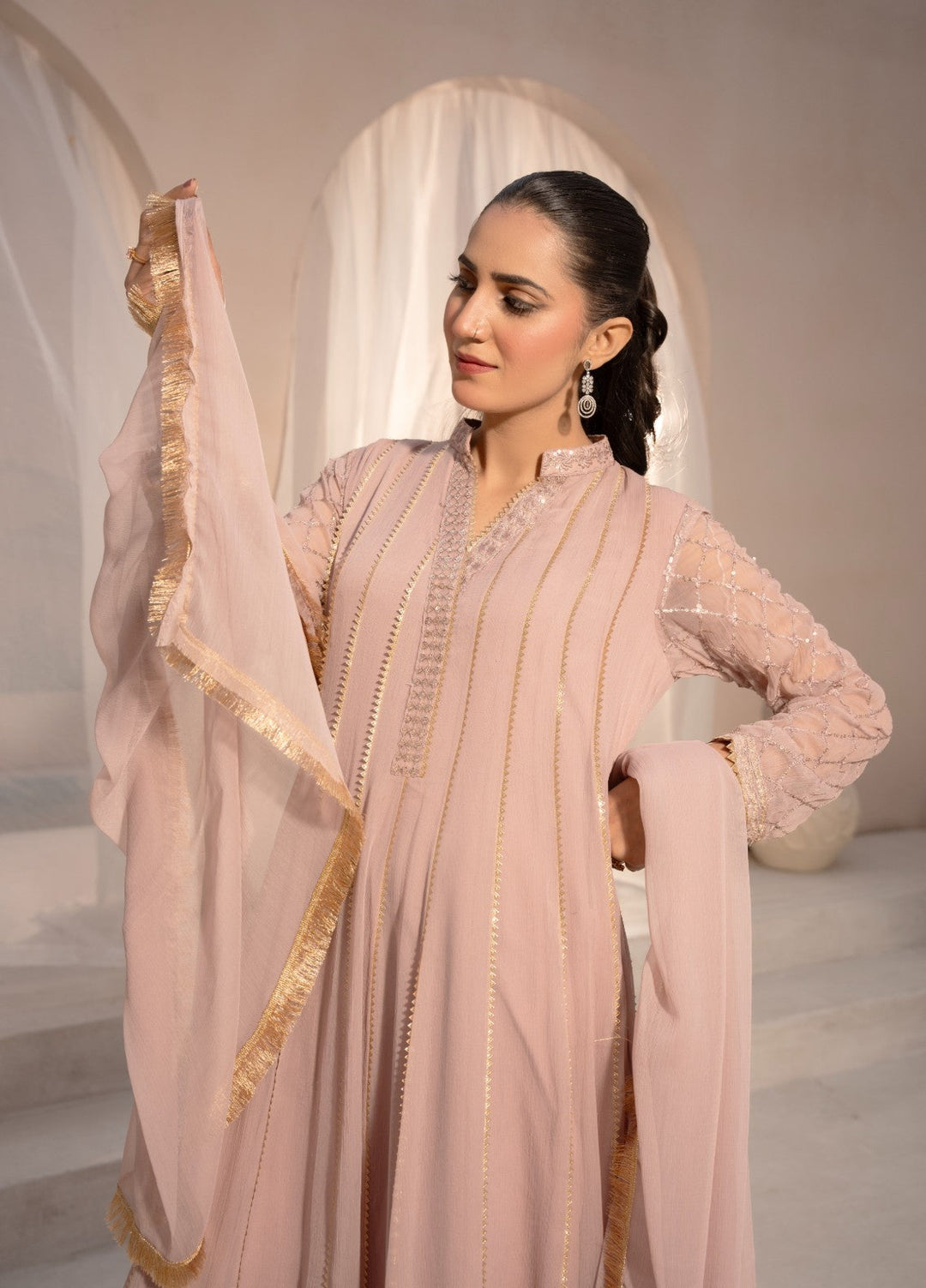 Kashish by HEM Women RTW Embroidered Chiffon 3 Piece Suit Baby Pink Festive Collection