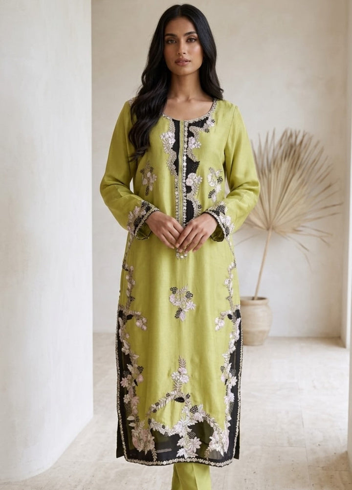 House of Nyyra Women RTW Embroidered Silk 2 Piece Suit Yellow Dahlia Summer Collection