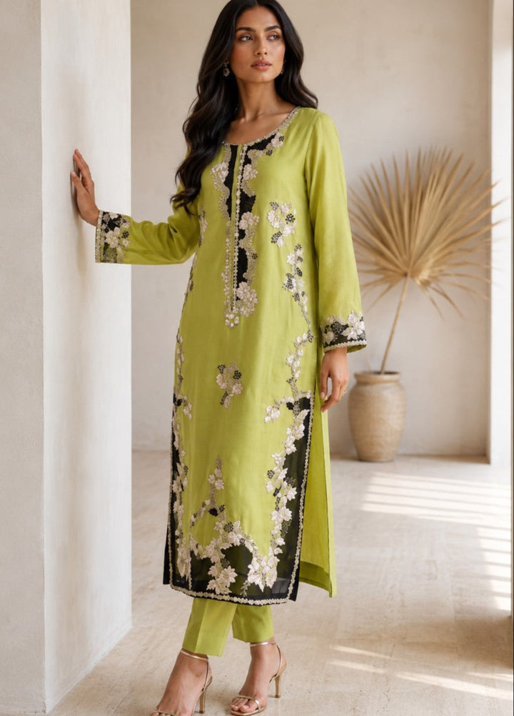 House of Nyyra Women RTW Embroidered Silk 2 Piece Suit Yellow Dahlia Summer Collection