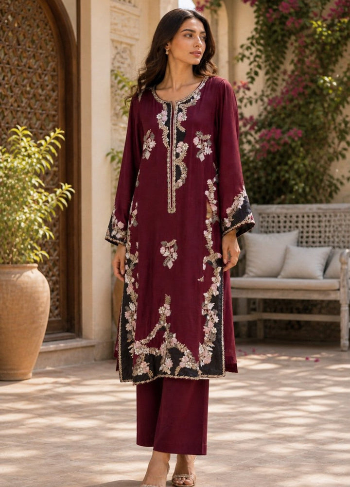 House of Nyyra Women RTW Embroidered Silk 2 Piece Suit Maroon Dahlia Summer Collection