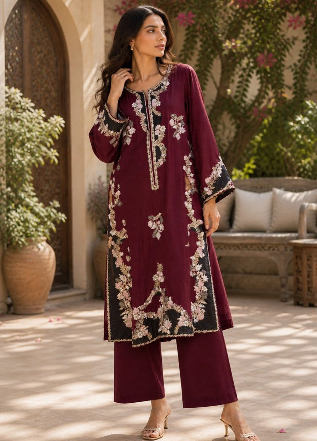 House of Nyyra Women RTW Embroidered Silk 2 Piece Suit Maroon Dahlia Summer Collection