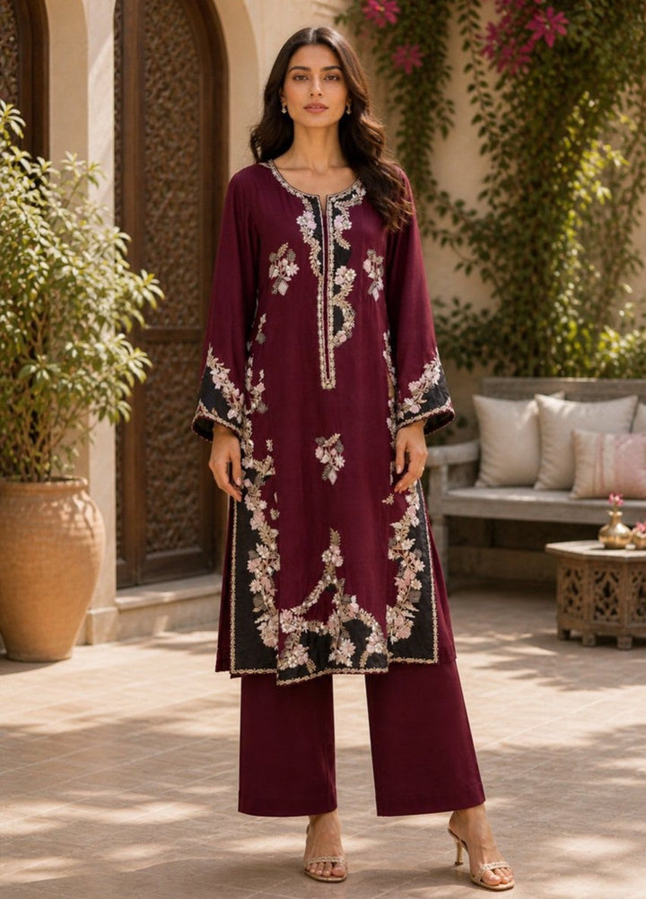House of Nyyra Women RTW Embroidered Silk 2 Piece Suit Maroon Dahlia Summer Collection