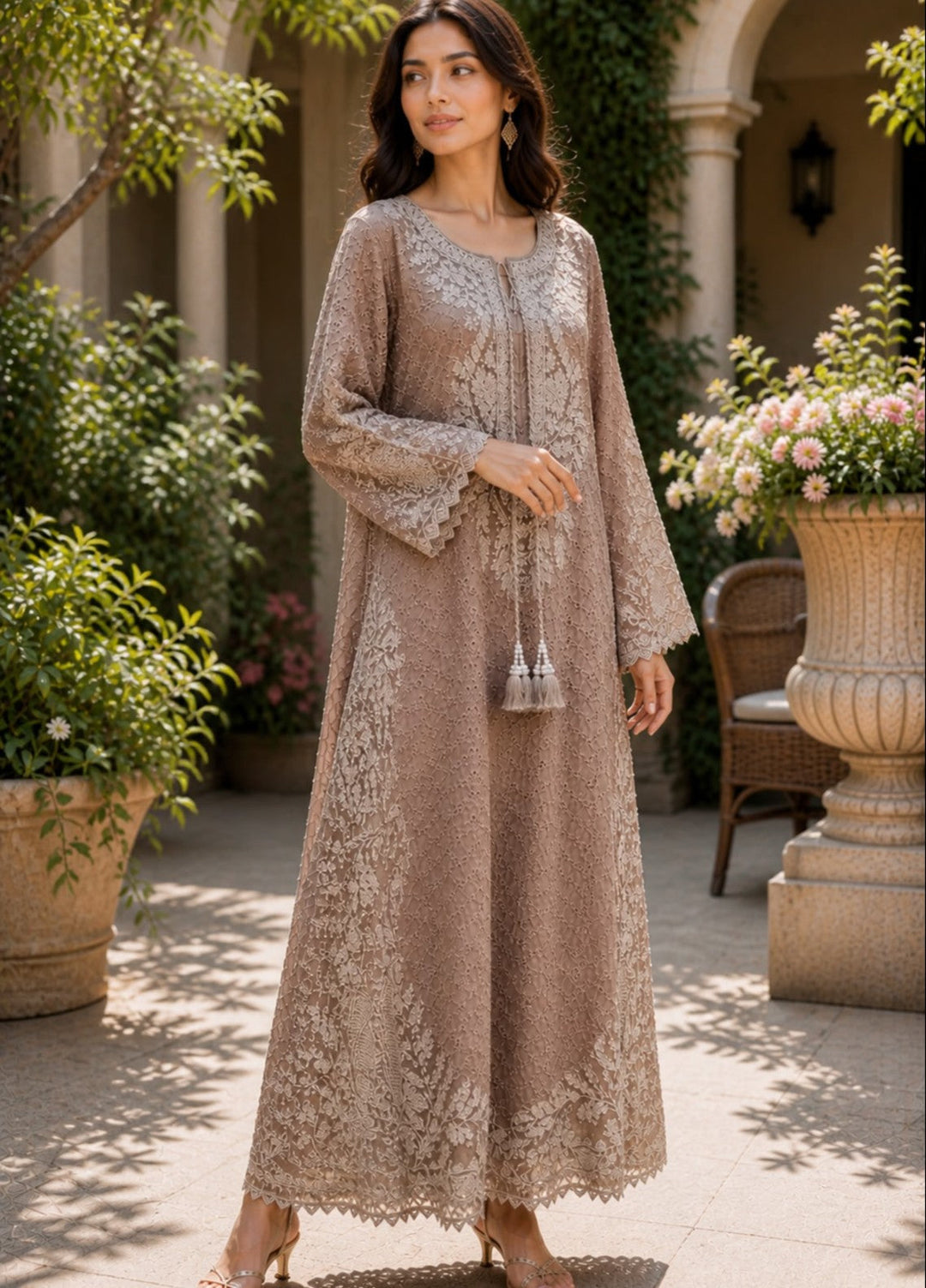 House of Nyyra Women RTW Embroidered Chikankari 1 Piece Suit Brown Mist Summer Collection