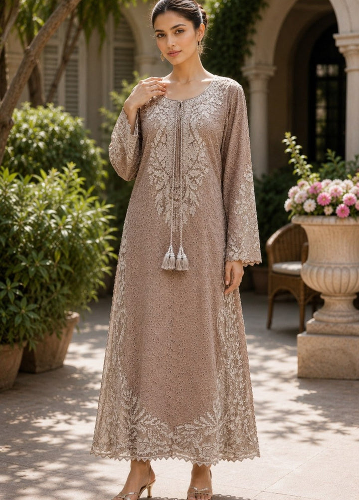 House of Nyyra Women RTW Embroidered Chikankari 1 Piece Suit Brown Mist Summer Collection