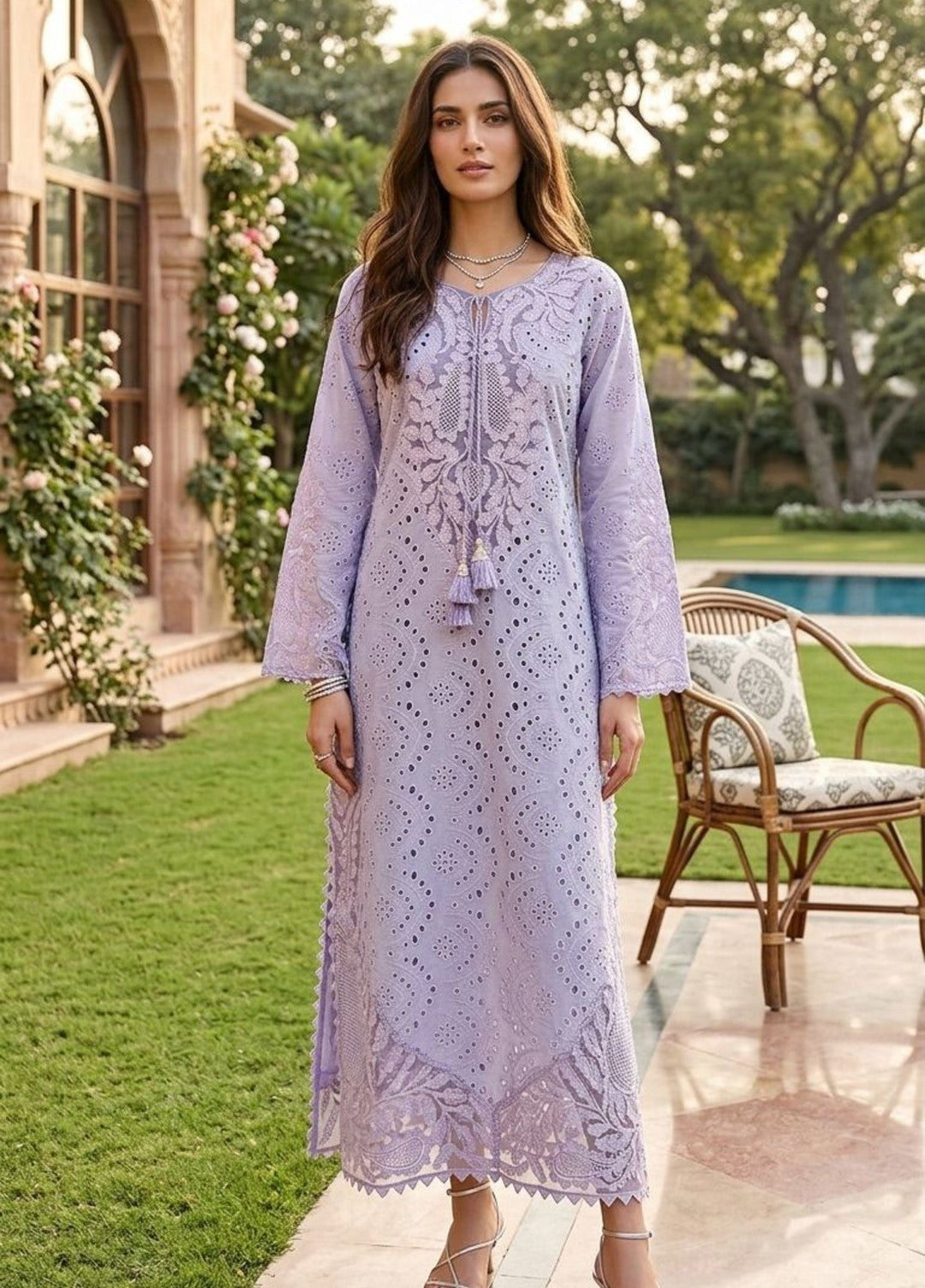 House of Nyyra Women RTW Embroidered Chikankari 1 Piece Suit Lilac Mist Summer Collection