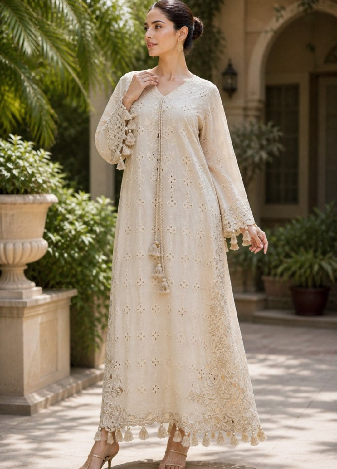 House of Nyyra Women RTW Embroidered Chikankari 1 Piece Suit Mira Beige Summer Collection
