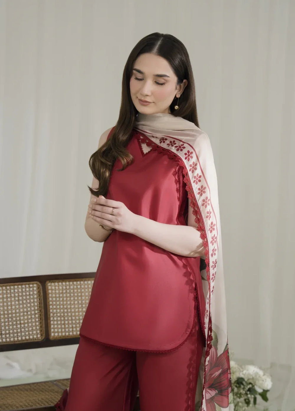 Blossom Hour by Jahaan RTW Printed Crepe 3 Piece Suit Crimson Casual Collection