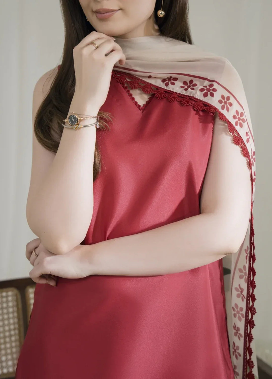 Blossom Hour by Jahaan RTW Printed Crepe 3 Piece Suit Crimson Casual Collection
