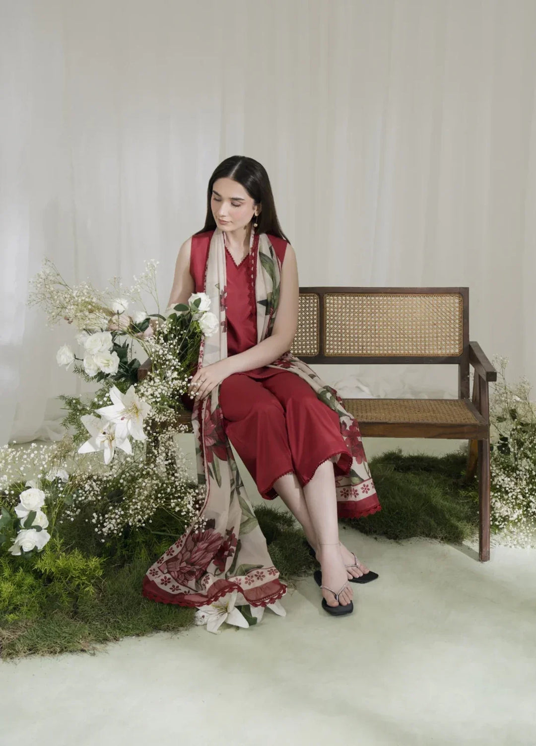 Blossom Hour by Jahaan RTW Printed Crepe 3 Piece Suit Crimson Casual Collection