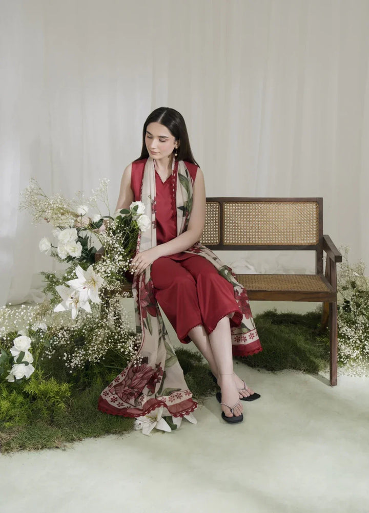 Blossom Hour by Jahaan RTW Printed Crepe 3 Piece Suit Crimson Casual Collection