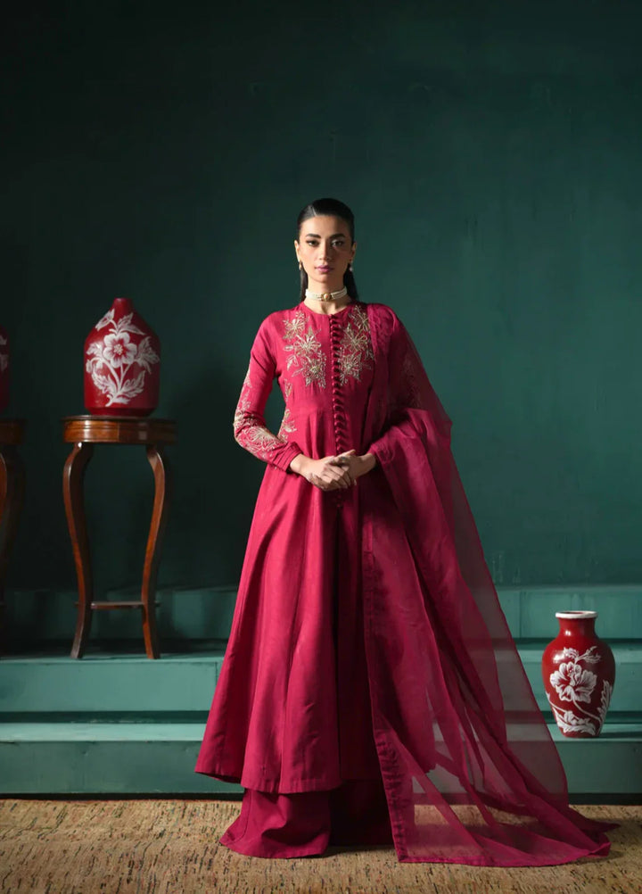 Koel by Jahaan RTW Embroidered Raw Silk 3 Piece Suit Claret Festive Collection