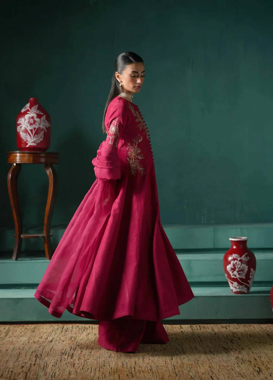 Koel by Jahaan RTW Embroidered Raw Silk 3 Piece Suit Claret Festive Collection