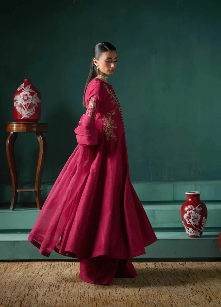 Koel by Jahaan RTW Embroidered Raw Silk 3 Piece Suit Claret Festive Collection