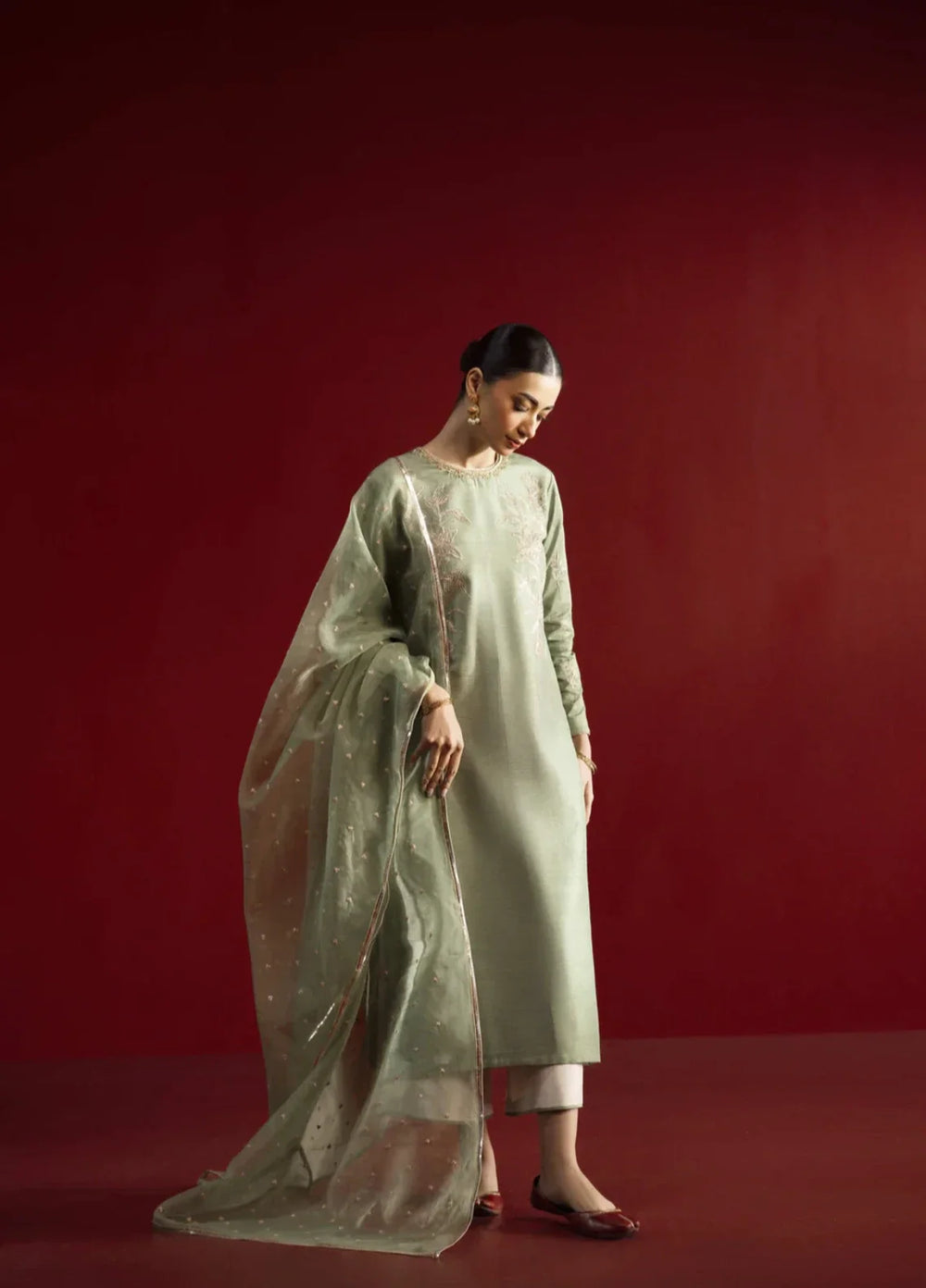 Koel by Jahaan RTW Embroidered Raw Silk 3 Piece Suit Aloe Festive Collection