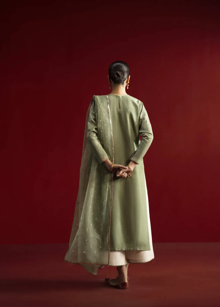 Koel by Jahaan RTW Embroidered Raw Silk 3 Piece Suit Aloe Festive Collection
