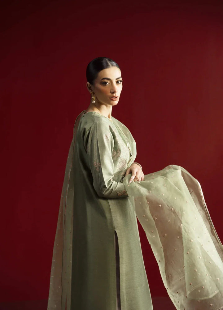 Koel by Jahaan RTW Embroidered Raw Silk 3 Piece Suit Aloe Festive Collection