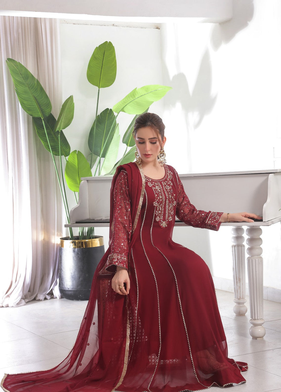 Rasm e Bahaar by Al Siyaab RTW Embroidered Chiffon 3 Piece Suit Raani Maroon Festive Collection