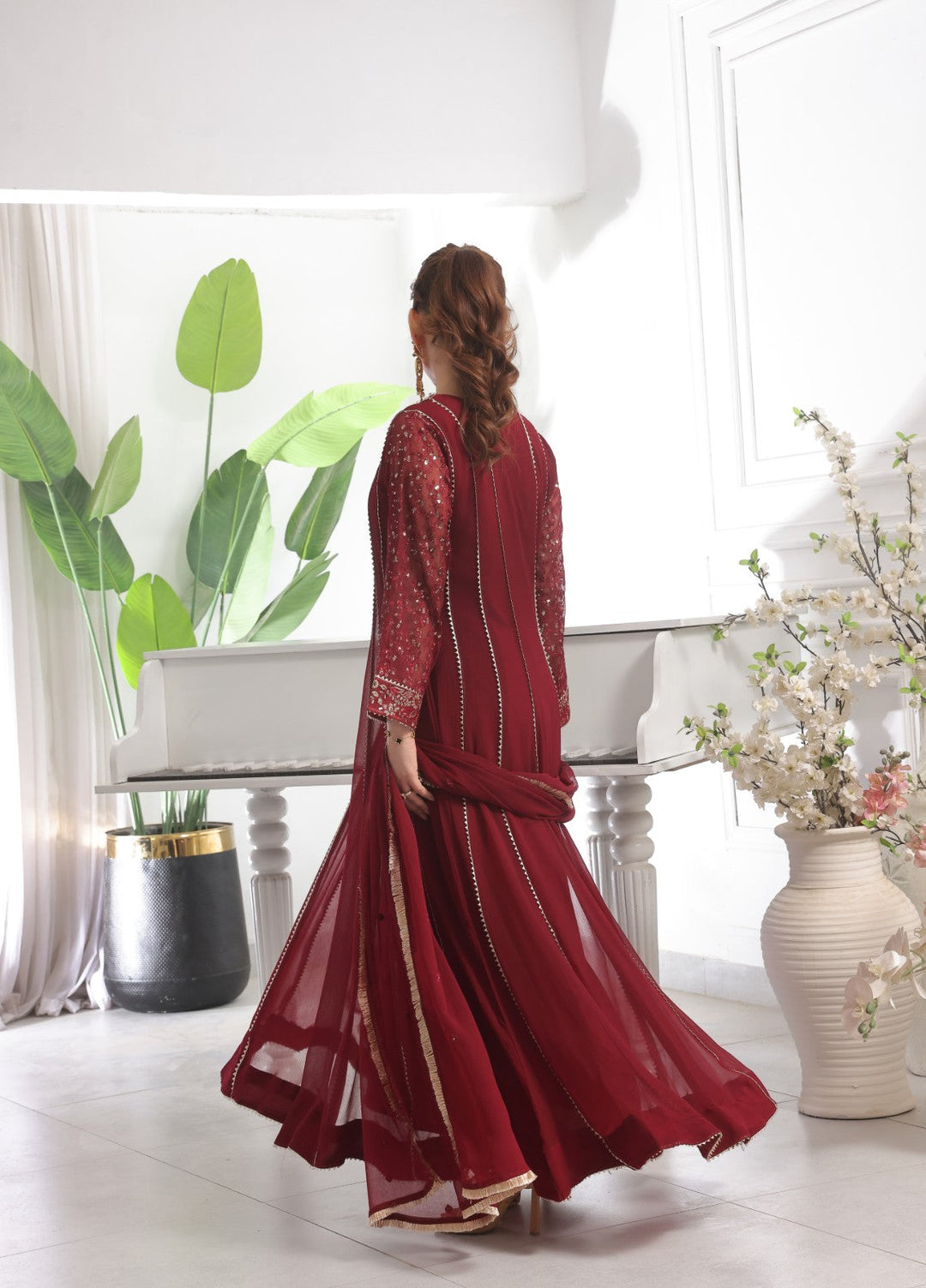 Rasm e Bahaar by Al Siyaab RTW Embroidered Chiffon 3 Piece Suit Raani Maroon Festive Collection
