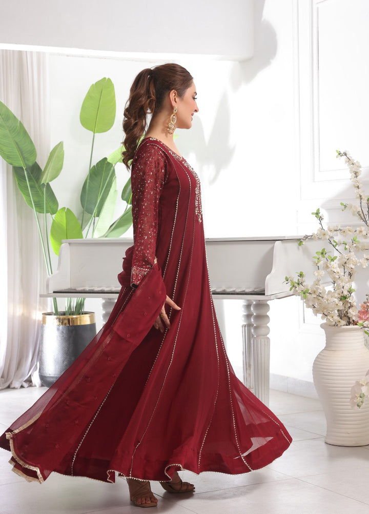 Rasm e Bahaar by Al Siyaab RTW Embroidered Chiffon 3 Piece Suit Raani Maroon Festive Collection