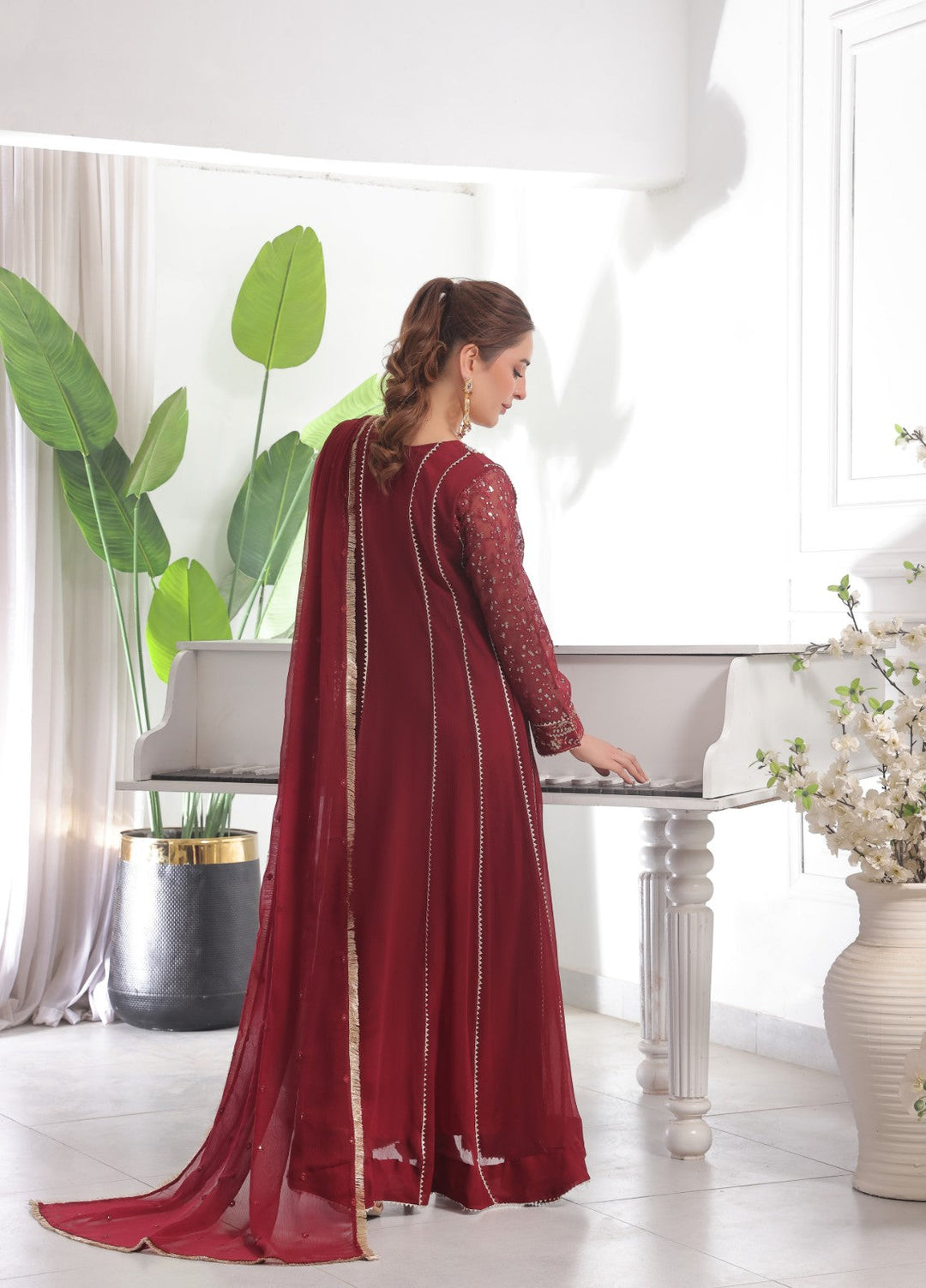 Rasm e Bahaar by Al Siyaab RTW Embroidered Chiffon 3 Piece Suit Raani Maroon Festive Collection