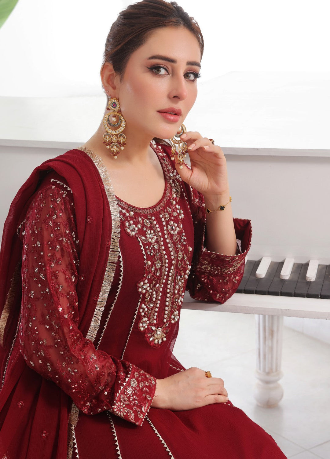 Rasm e Bahaar by Al Siyaab RTW Embroidered Chiffon 3 Piece Suit Raani Maroon Festive Collection