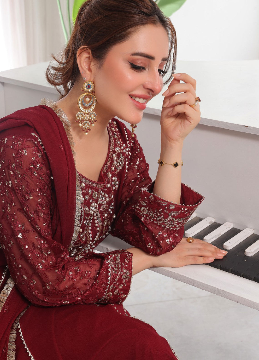 Rasm e Bahaar by Al Siyaab RTW Embroidered Chiffon 3 Piece Suit Raani Maroon Festive Collection
