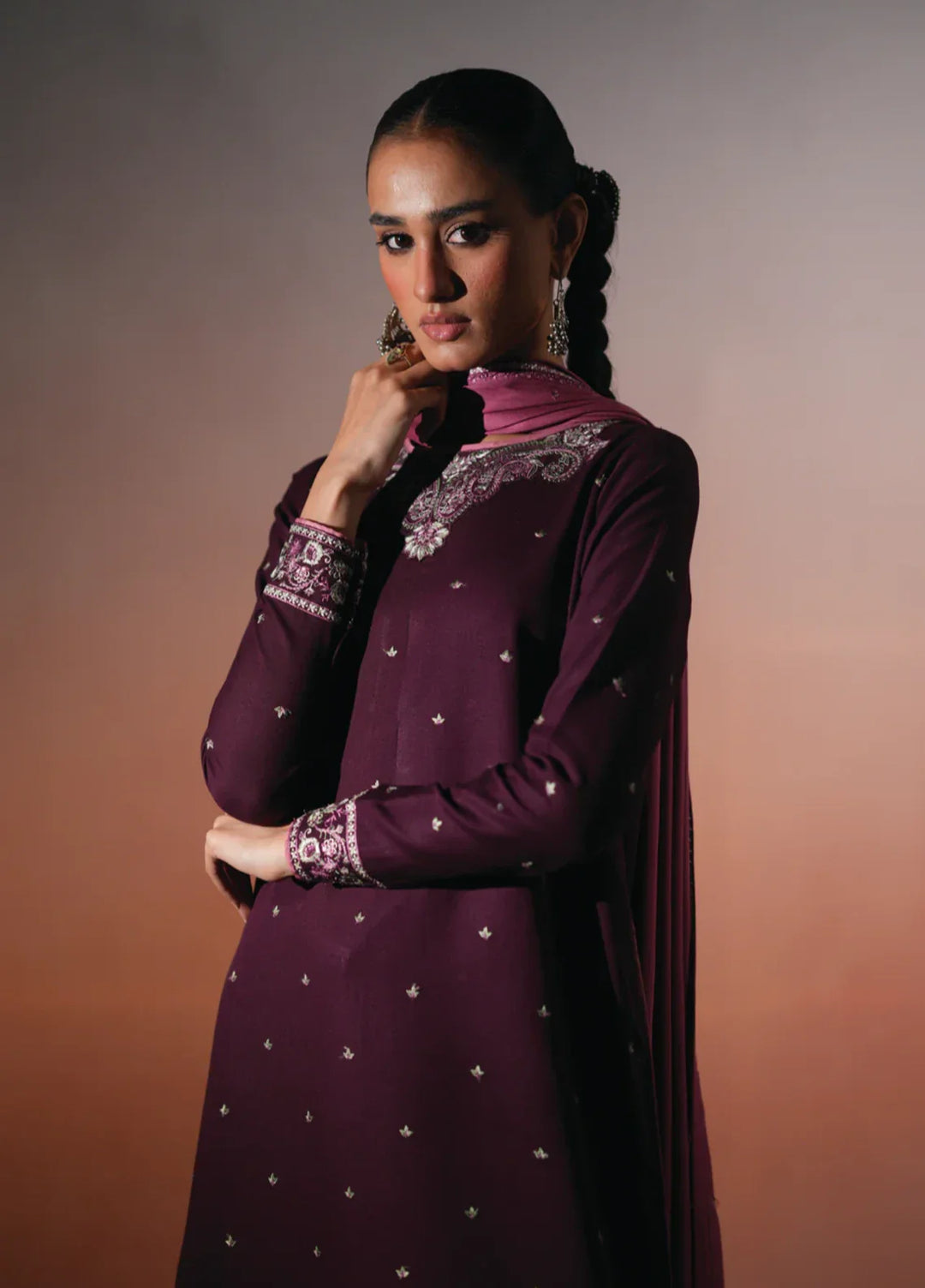 Winter Weave by Jahaan RTW Embroidered Khaddar 3 Piece Suit Garnet Casual Collection