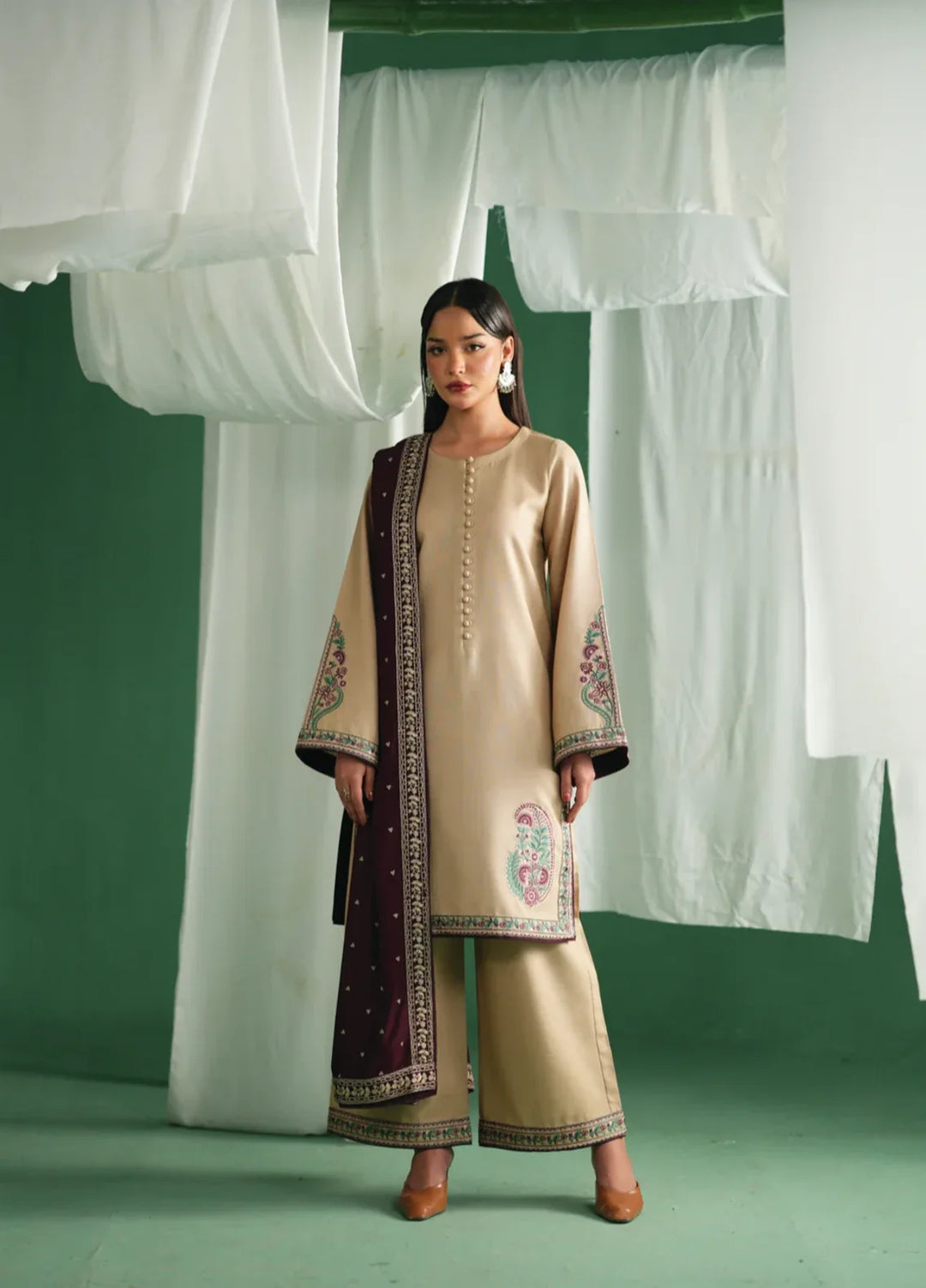 Winter Weave by Jahaan RTW Embroidered Khaddar 3 Piece Suit Mist Casual Collection